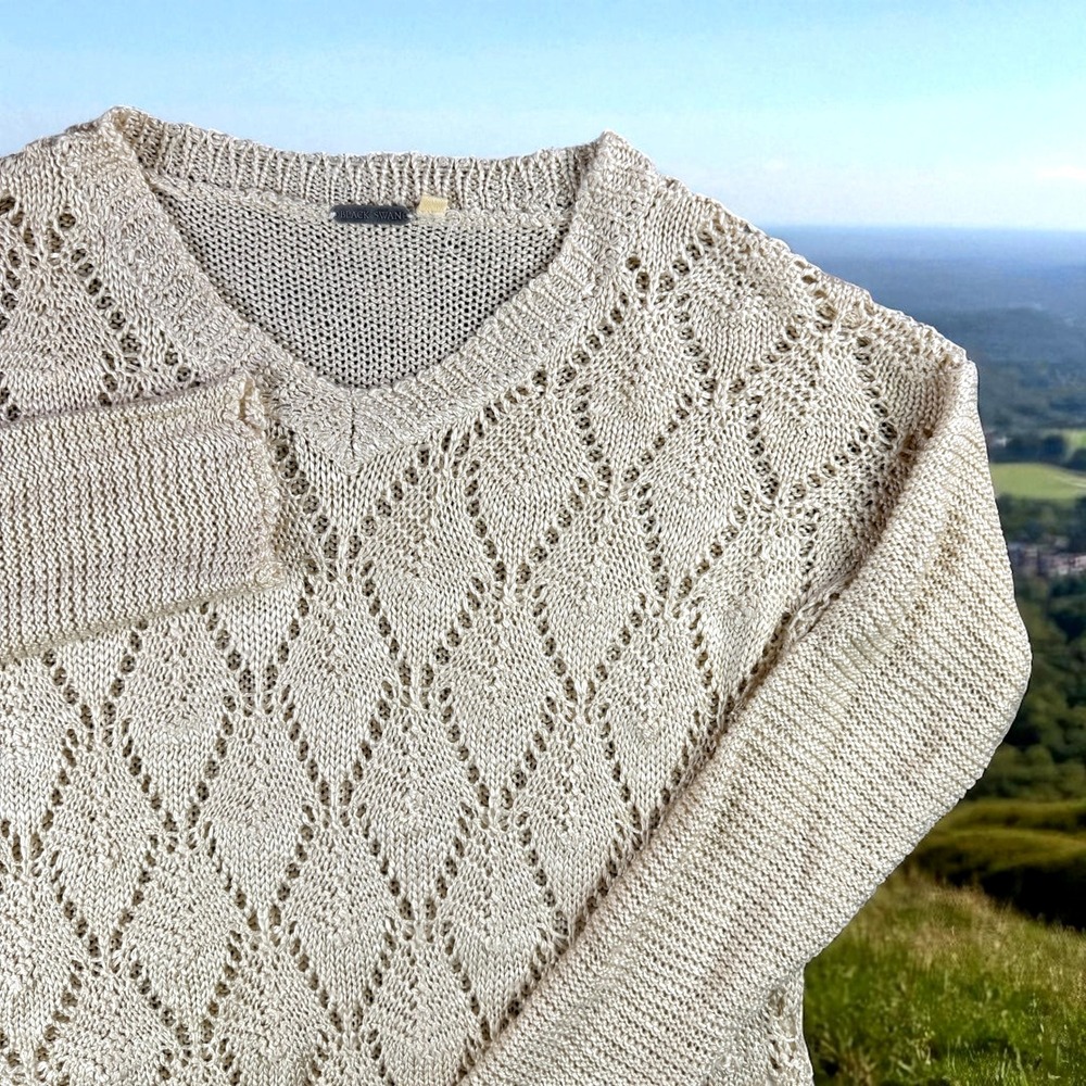 Black Swan Sweater Women S Cable Knit V Neck Ivory Argyle Boho Resort‎ Peasant